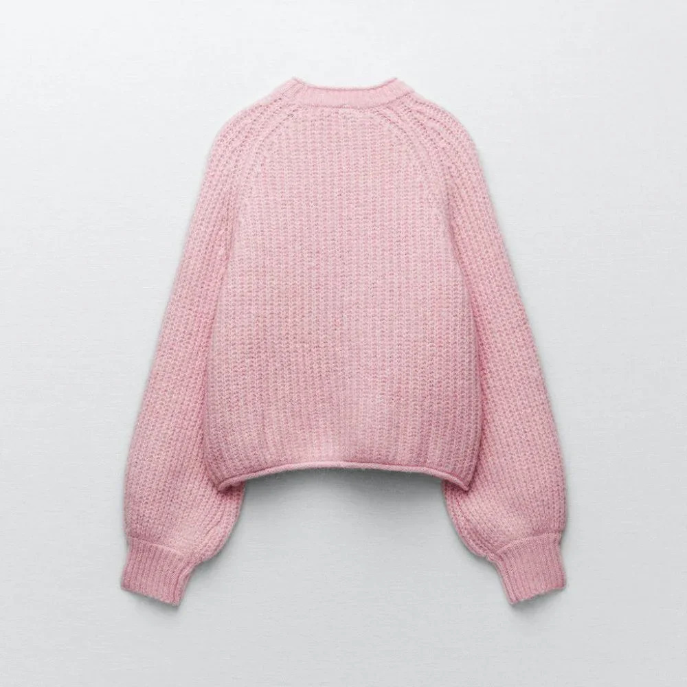 Zara Purl Knit Crop Wool Alpaca Balloon Sleeve Knit Sweater Light Pink Sz Small - Picture 5 of 10
